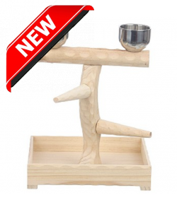 Small Table Top Wood Parrot Stand with Feeding Bowls